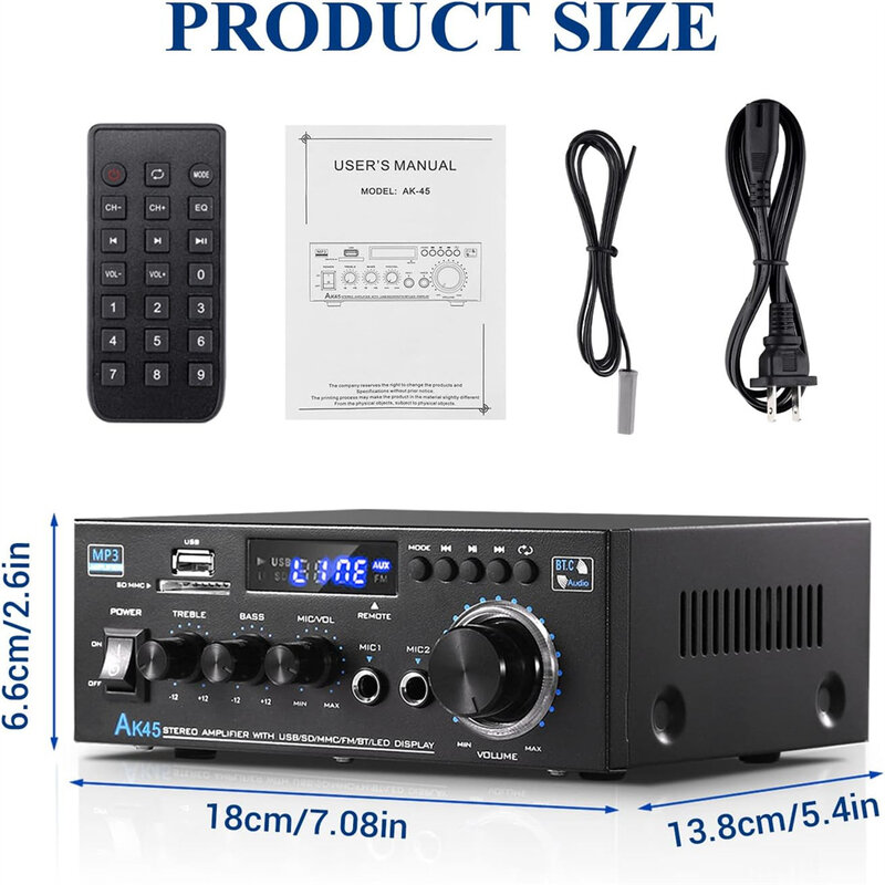 AK45 Bluetooth 5.0 Power Amplifier 2.0CH 40W X 2 Output Max 400W Subwoofer Hi-Fi Audio Amplifier Stereo Amplifier Receiver