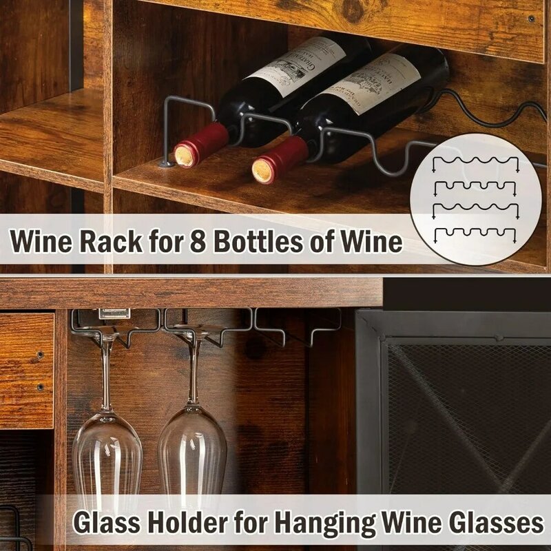 Винный шкаф с винной стойкой и держателем для бокалов, фермерский кофейный шкаф для ликера и бокалов, Деревенский коричневый