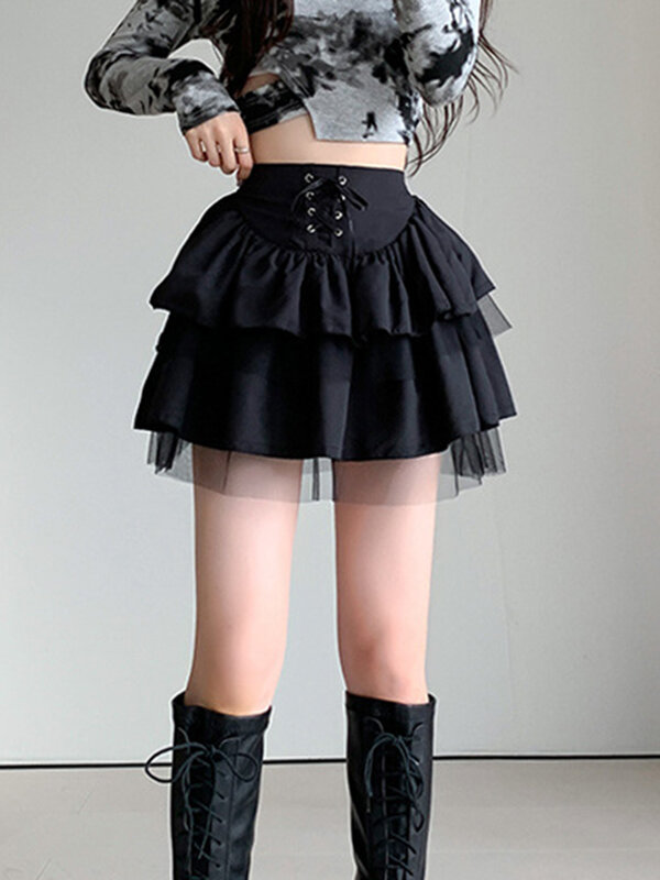 Mini saia de malha sexy, streetwear preto de cintura alta, calças curtas chiques a linha, clubwear, novo design, verão