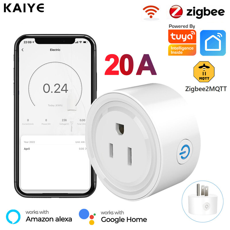 20A Tuya Zigbee Smart Plug Mini US Power Outlet Socket 4400W dengan Monitor Daya Remote Control Kompatibel dengan Alexa Google Home