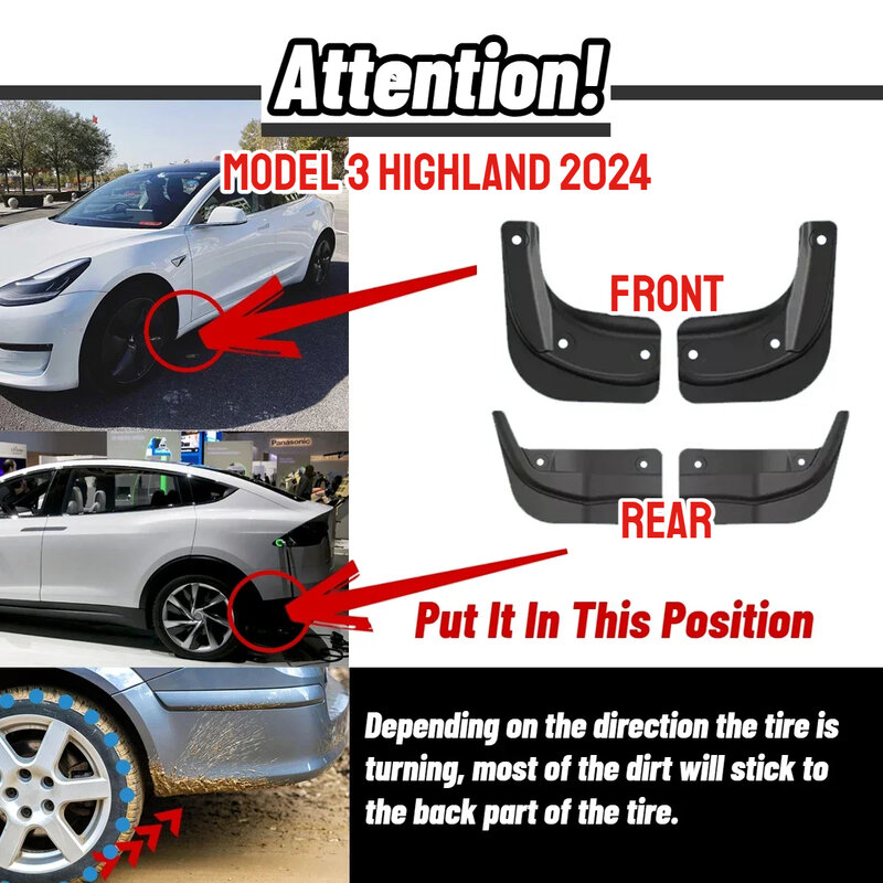Mud Flaps for Tesla Model 3+ Highland 2024 Model Y 2021 2022 2023 Mudflaps Splash Guards Mudguards Front Rear Fender Protector