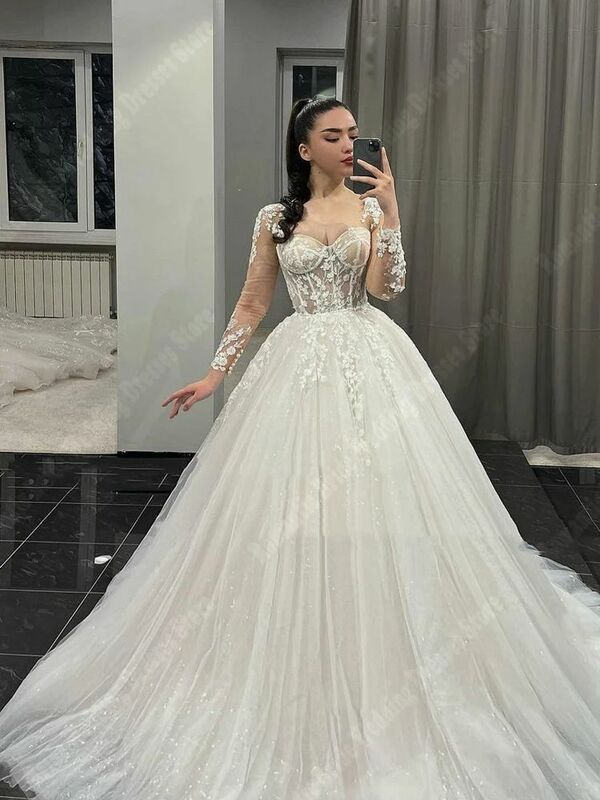 Gaun pengantin wanita warna gading elegan panjang mengepel gaun pengantin Princess cantik pesta Formal terbaru Vestidos De Novia
