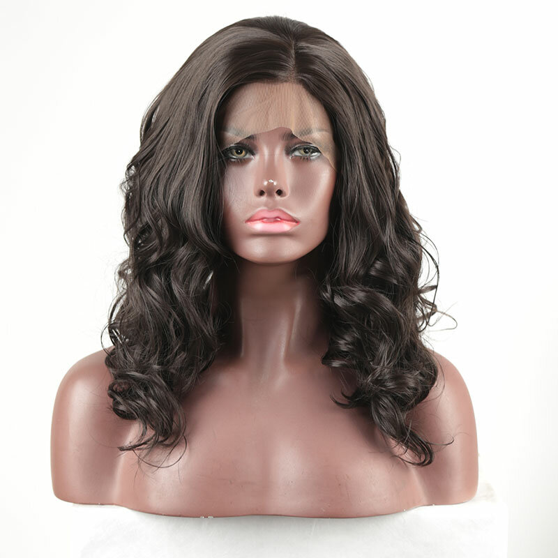 Темно-коричневые короткие волнистые синтетические 13X 4 кружевные передние парики, бесклеевые термостойкие волоконные натуральные волосы, боковые разделения для женщин