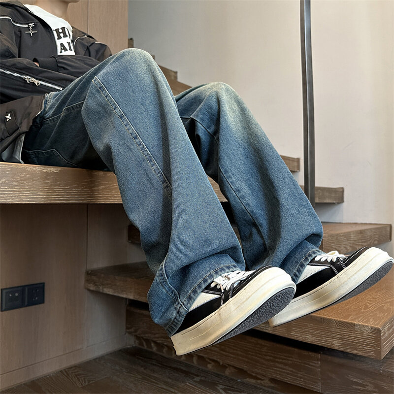 Jeans masculinos de perna reta vintage, calças jeans largas, calças clássicas com todos os fósforos, moda coreana, P148, 2024