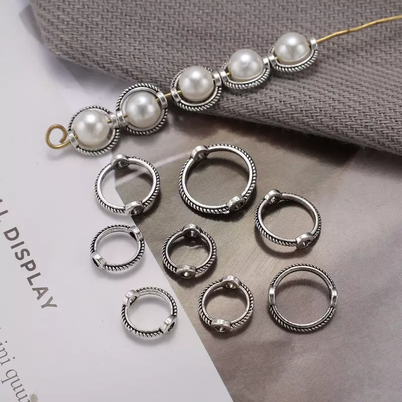 Perles rondes enveloppées de cadre antique, anneaux allergiques, entretoises en argent, trou traversant, bouchon de perles, bracelet de bricolage pour bijoux exécutifs, 10 pièces, 100 pièces