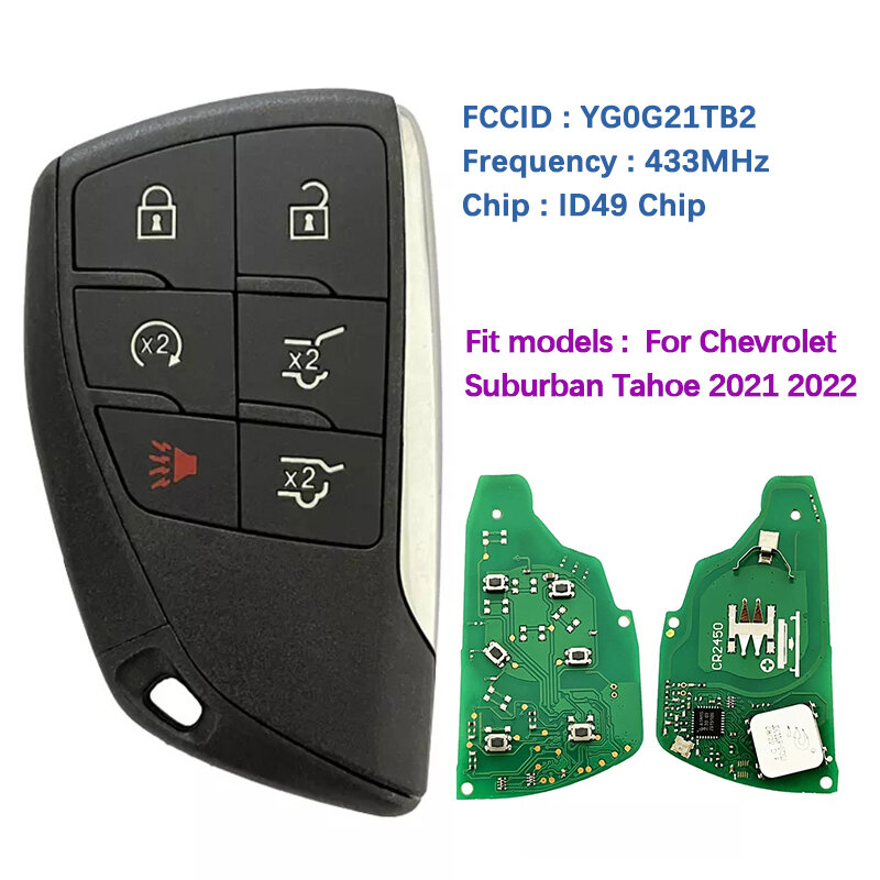 Chave inteligente do carro de reposição, controle remoto de 6 botões, 433MHz, chip ID49, FCC ID YG0G21TB2, Chevrolet Suburban Tahoe 2021 2022, CN013029
