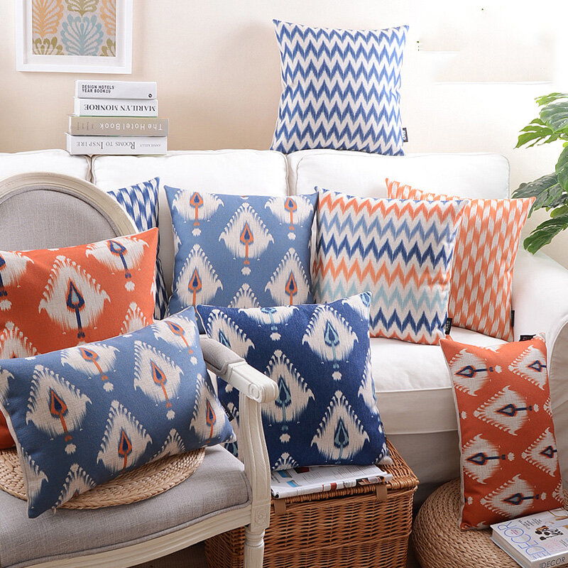 Housse de coussin décorative en lin, taie d'oreiller à motif géométrique abstrait, bleu, rouge, Orange, points en Zigzag, 45x45cm, 30x50cm