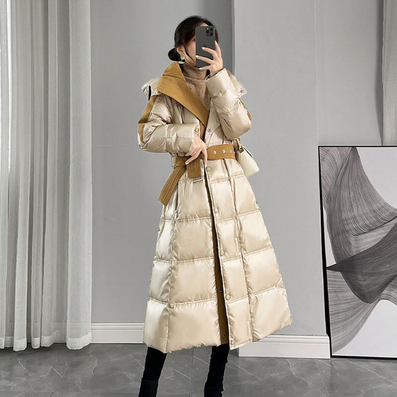 Женский пуховик, зимнее корейское утепленное пальто на белом утином пуху, новинка 2024, женская модная темпераментная приталенная Зимняя парка, пальто