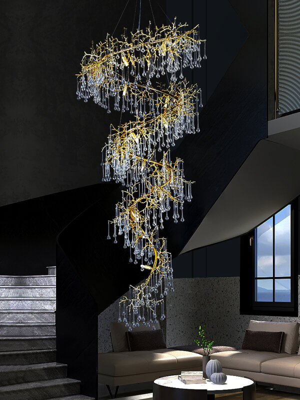 Lekki luksusowy 2024 nowy kreatywny aluminiowy oddział hotelowy dwupoziomowy budynek willi kryształowa lampa wisząca schodami