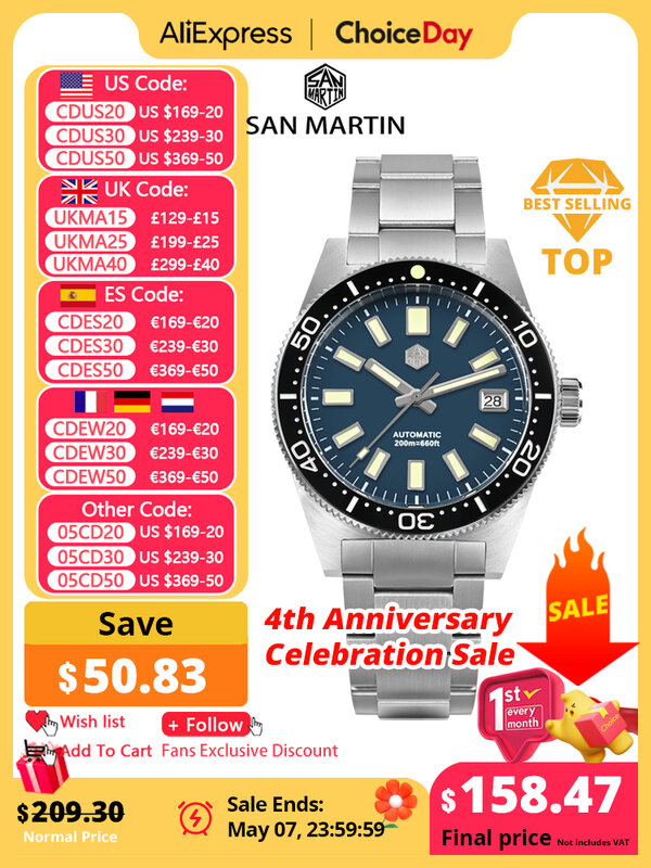 San Martin Waterproof Diver Watch for Men, relógios mecânicos automáticos, Sapphire luminoso, Japão NH35 Enamel Dial, 200m, 39mm, 62mas, Novo