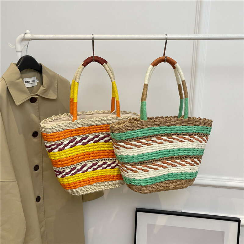 Summer Lady Shoulder Bag Hand woven Straw Bags High quality Splice Female Handbags Designer Women Bag Bohemian Casual Beach Bags
