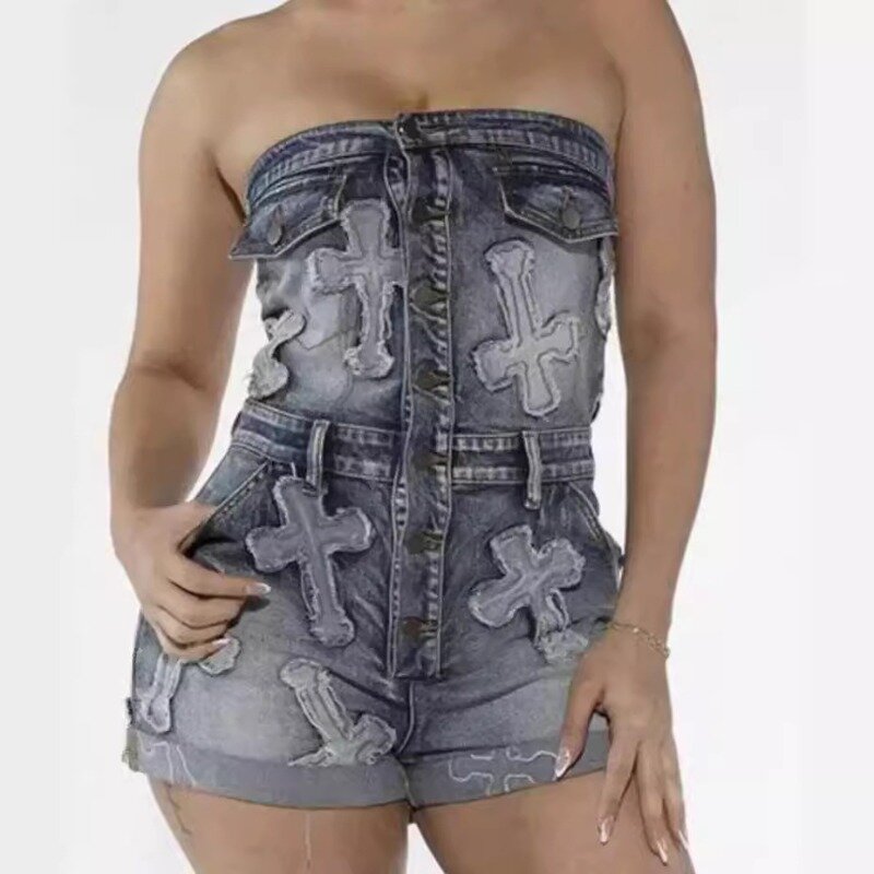 Macacão jeans feminino bordado sem alças, garotas sexy picantes, fora do ombro, sem mangas, bodycon de peito único, macacões de verão, 2022