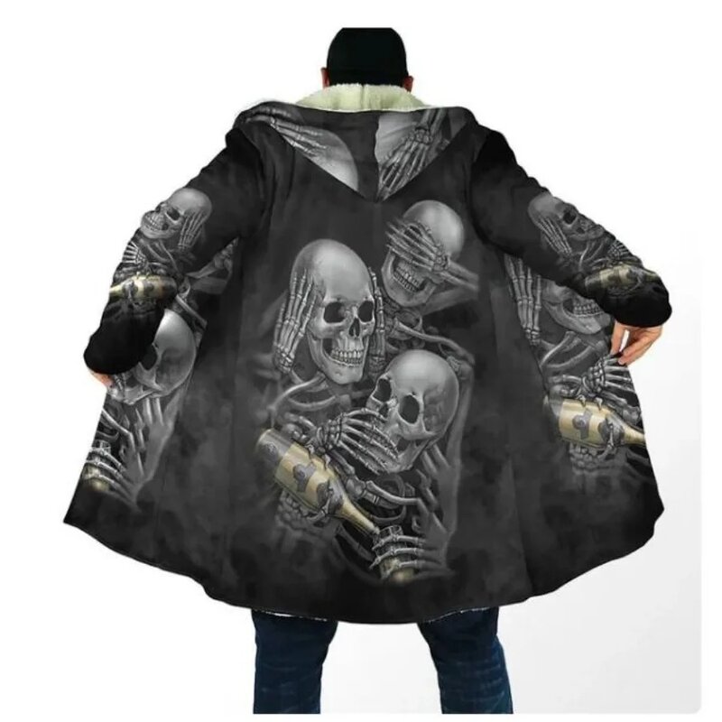 Parka con cerniera lunga con cappuccio e stampa 3D Skull Skeleton da uomo, giacche e cappotti spessi e caldi, giacche da uomo, giacca con cerniera, inverno