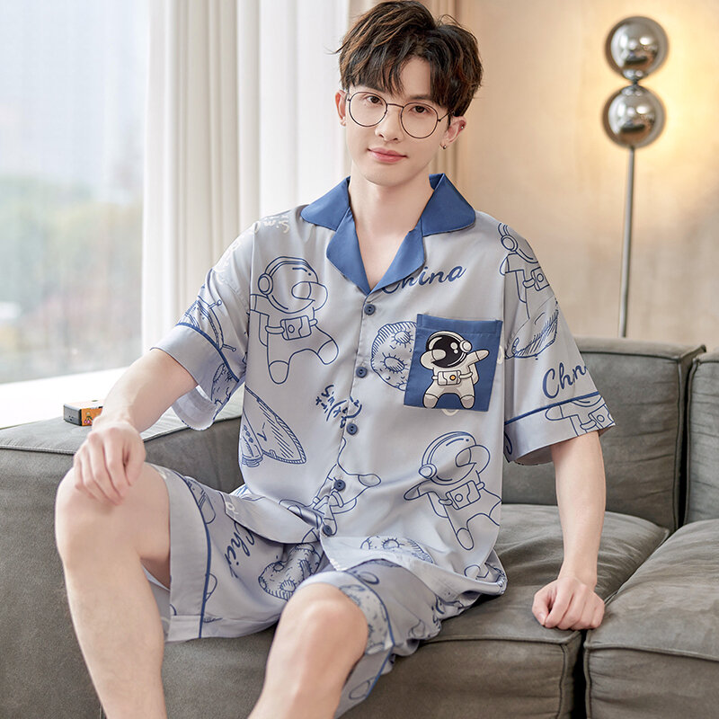 Sommer Männer Pyjamas Set Erwachsenen Nachtwäsche Seide Stoff Pyjamas Homewear Astronauten Muster koreanische lose Kurzarm Pyjamas Freizeit