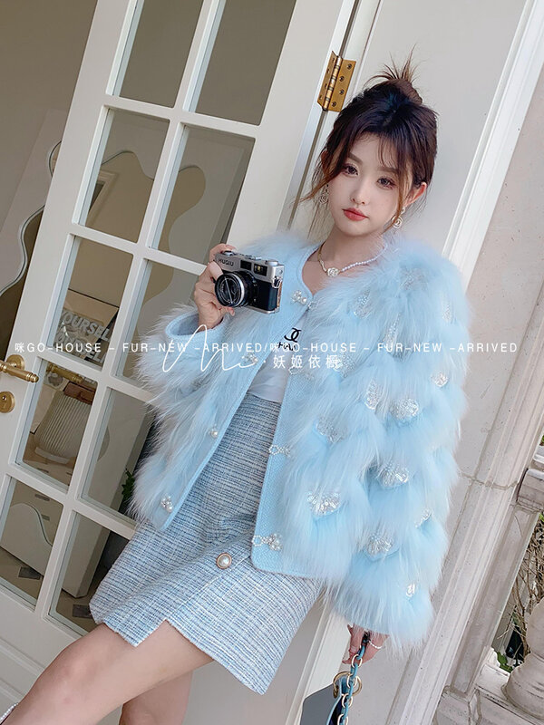 Koreański styl słodki uroczy wróżka okrągły dekolt z długim rękawem damski płaszcz 2023 zimowy ciężki przemysł perłowy Rhinestone Slim Fit futro
