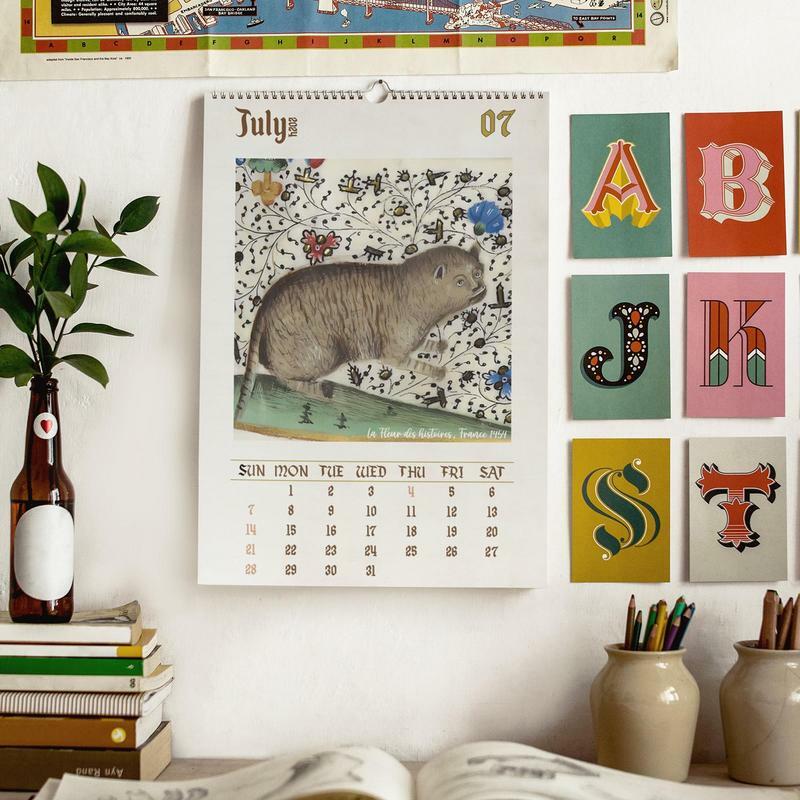 Calendario de gato Medieval para el hogar y la universidad, calendario de pared mensual creativo con imágenes de gatos medievales, arte de pared para mascotas, 2024