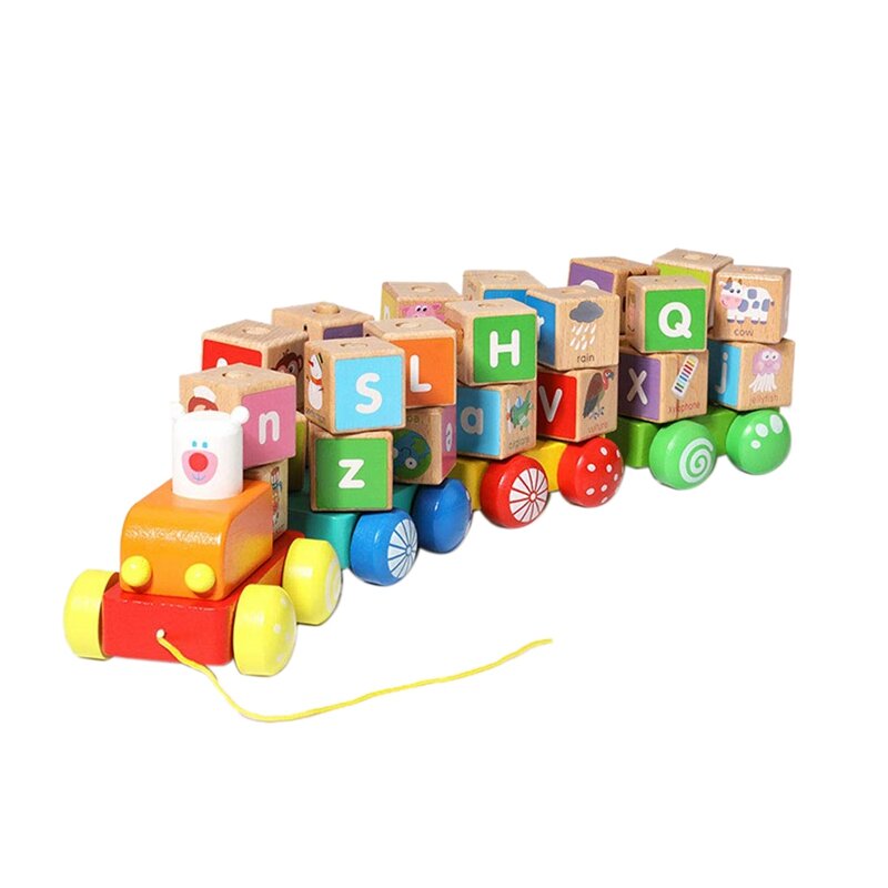 Brinquedos de trem pull-down de madeira para crianças, alfabeto e bloco de letras, brinquedos educativos para 3 + anos, 26 PCs