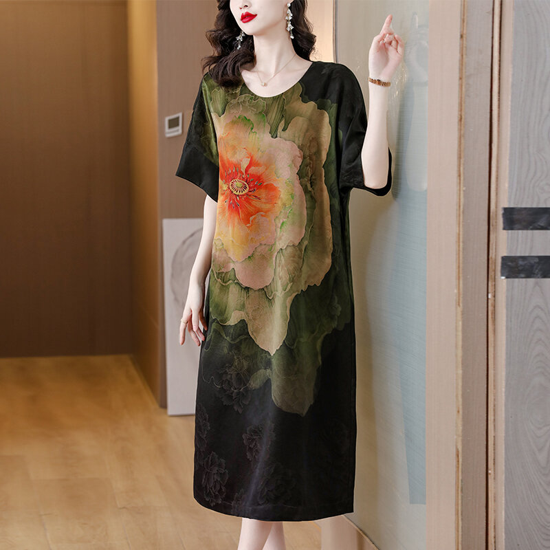 Spring/Summer 2023 New Loose Silk Retro Print Bat Sleeve Dress Green Flower Print Large Slim Skirt Knee Length Gown