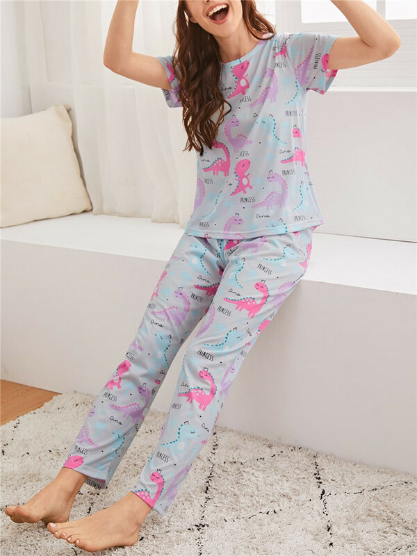 Conjunto de pijama feminino com estampa animal, pijama macio, manga curta, calça comprida, roupa caseira, primavera, verão, 2 peças