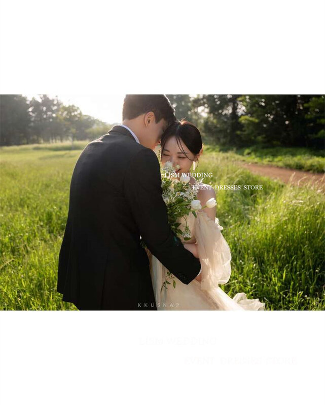 فساتين زفاف خرافية على شكل حرف A-line ، أكمام منفوخة ، طول الأرض ، فساتين زفاف رسمية ، تصوير فوتوغرافي ، كوريا