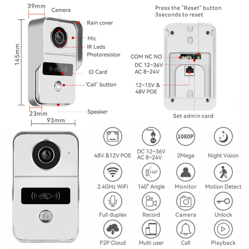 Jianshu-Tuya WiFi Video Campainha Intercom, Câmera 1080P, Câmera de Segurança IP, Detecção de Movimento PIR, Câmera Outdoor Door Bell