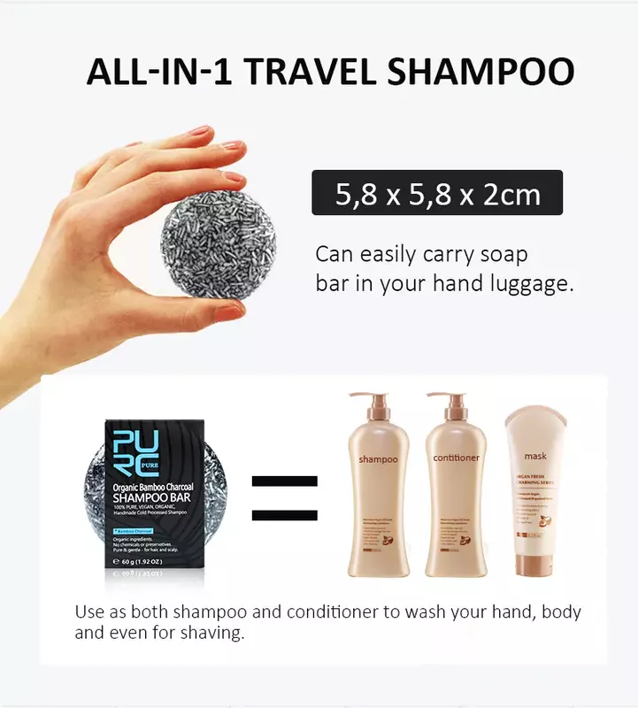 PURC Organic Bamboo Charcoal Shampoo Bar Handmade Cold Processed Shampoo Soap Foam Rich Nourish & Refresh Vegan Hair Soap 60g