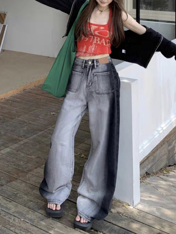 S-5XL Jeans Frauen Vintage trend ige Freizeit Streetwear All-Match-Taschen Studenten beliebte weites Bein jugendliche Vitalität stilvoll einfach