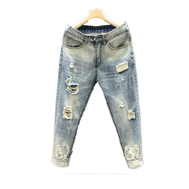 Джинсы мужские рваные потертые, повседневные узкие джинсы, винтажные ковбойские брендовые Стрейчевые брюки с потертостями, с дырками, весна-осень 2024