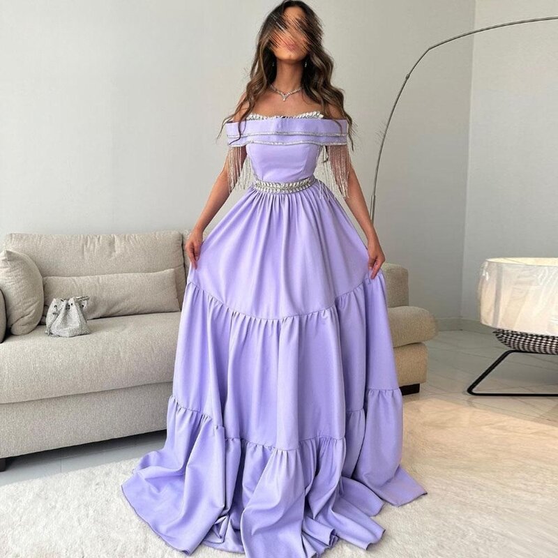 Saudyjska damska elegancka fioletowa suknia wieczorowa z odkrytymi ramionami plisowana suknia wieczorowa sukienki do podłogi formalna okazja
