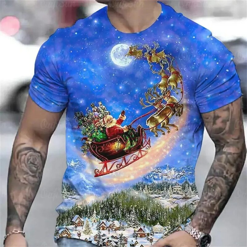 Camiseta masculina de trem de Natal com impressão 3D, manga curta, solta, romance, moda de rua, tendência casual, nova
