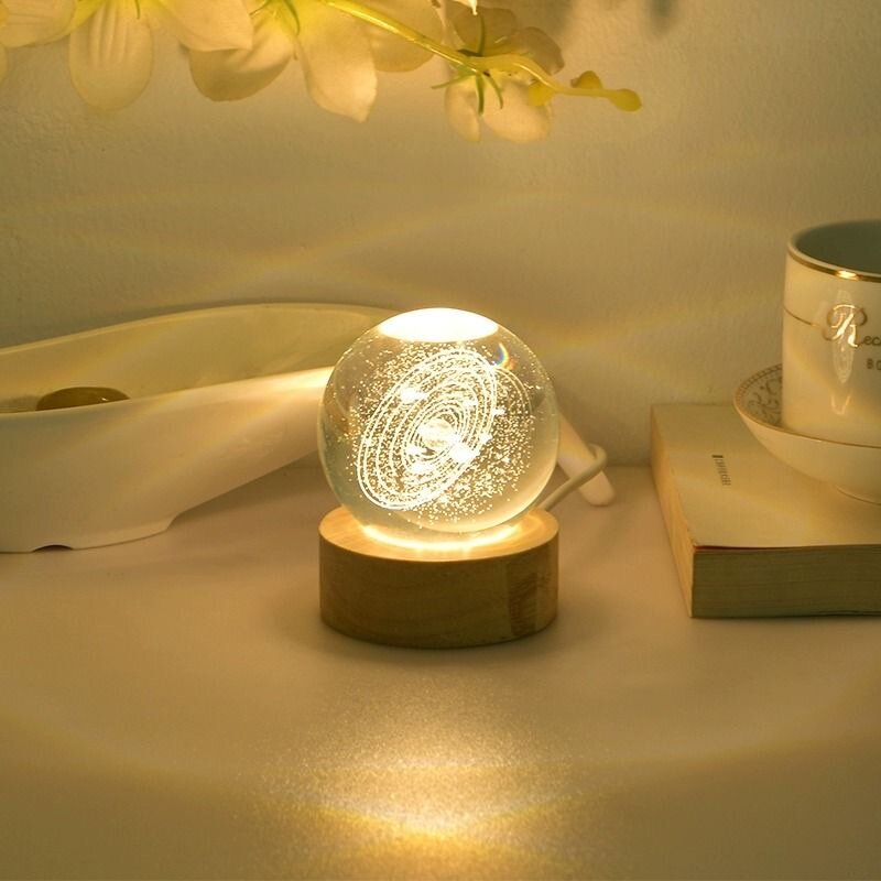 6cm 3d Kristall kugel Glas Planet führte warmes Nachtlicht laser gravierte Sonnensystem Globus Universum Geburtstags geschenk Holz basis
