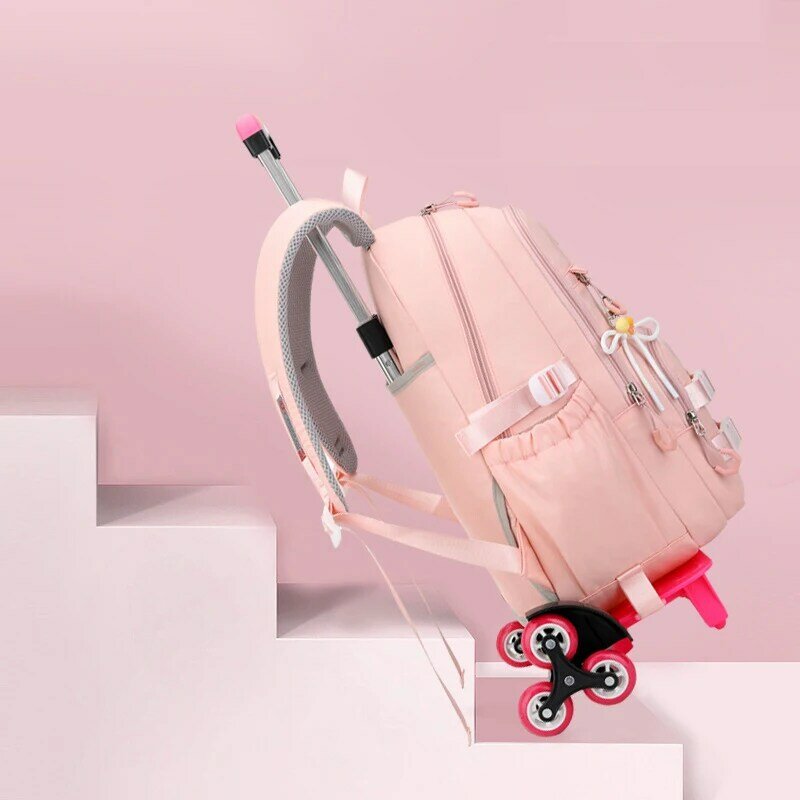 Tas sekolah pelajar, tas punggung gulung anak perempuan, tas troli dengan roda, ransel anak roda tahan air