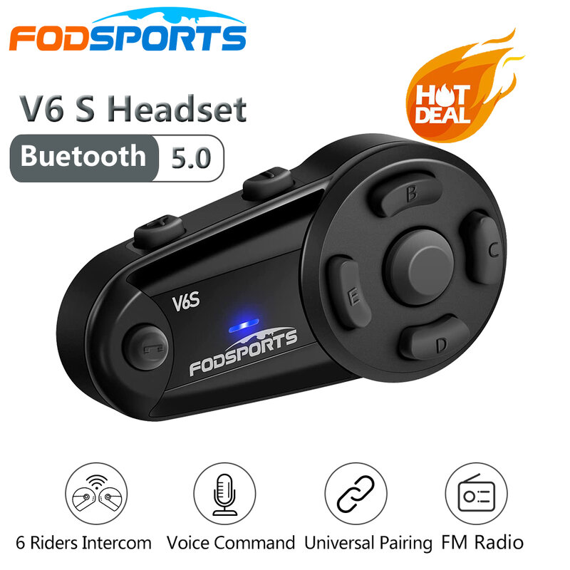 Fodsports V6 S interkom untuk helm sepeda motor, Headset helm Bluetooth 6 pengendara Intercomunicador Moto