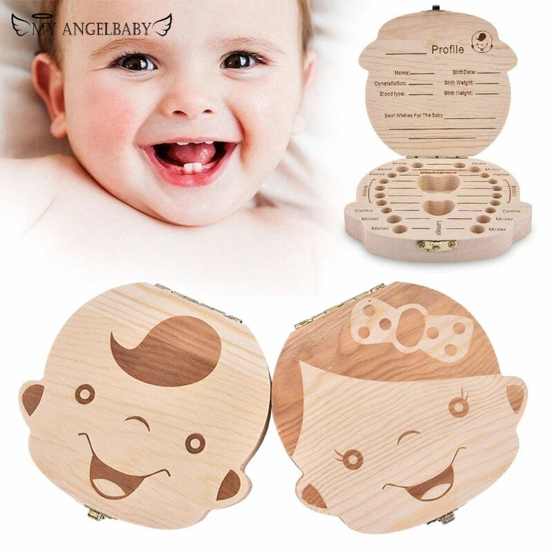 Boîte à dents en bois pour bébé garçon et fille, étui de rangement avec texte anglais et espagnol, collection de dents de lait, porte-évaluation