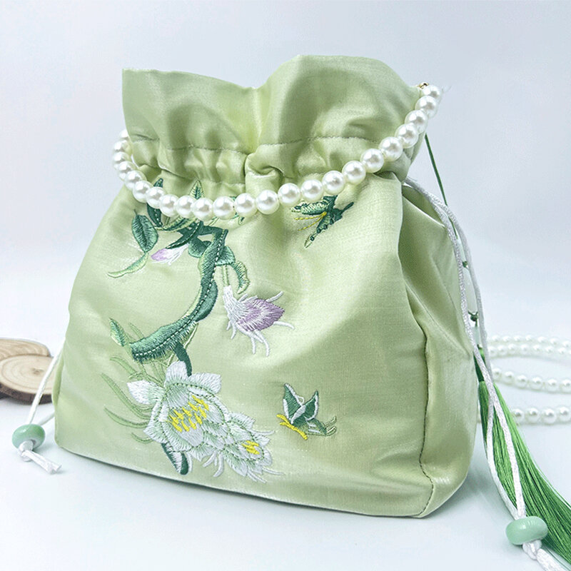 Vintage Embroidery Chinese Hanfu Bag Women's Pearl Tassel Antique Drawstring Pocket Handbag Crossbody Bags Hanfu Accessories