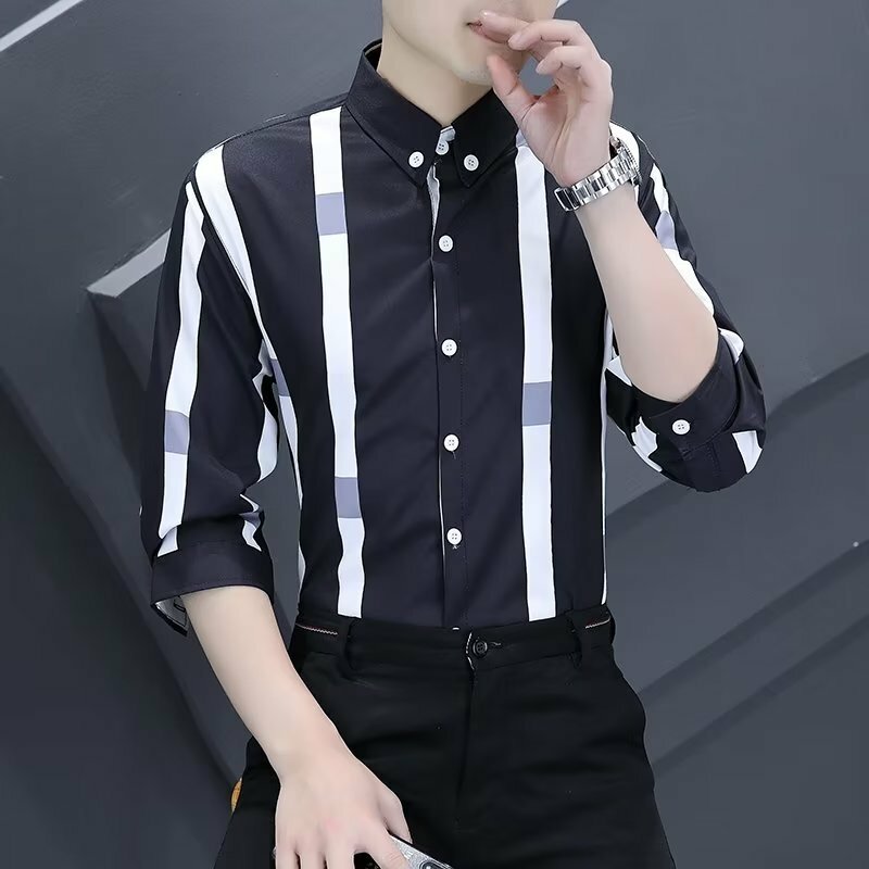 Summer Men's Loose Fit Striped Shirt Fashion Business Casual Top Half Sleeve Workwear Shirt Jacket