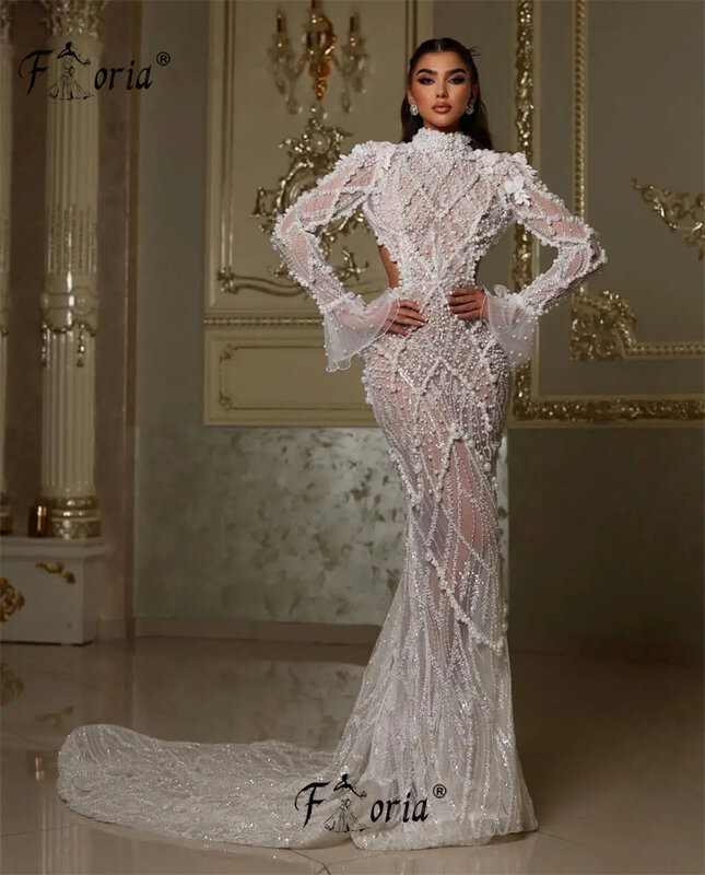 Elegante Elfenbein Perlen Spitze Abendkleid lange Ärmel offener Rücken Couture Hochzeits kleid Strand Vestidos Elegantes Feminino