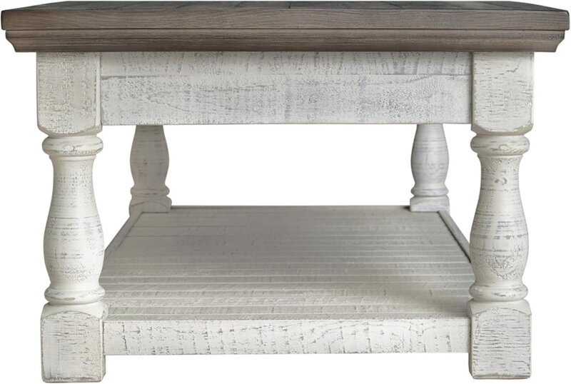Farmhouse Lift Top Coffee Table with Fixed Shelf and 2 Hidden Storage Trays, Gray & White with Weathered Finish