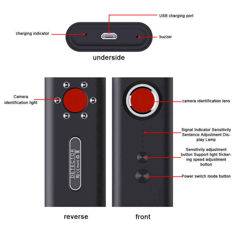 USB 안티 솔직한 카메라 감지기, 몰래 몰래 방지, 도난 방지 모니터링, 적외선 감지, 사운드 및 라이트 진동 감지