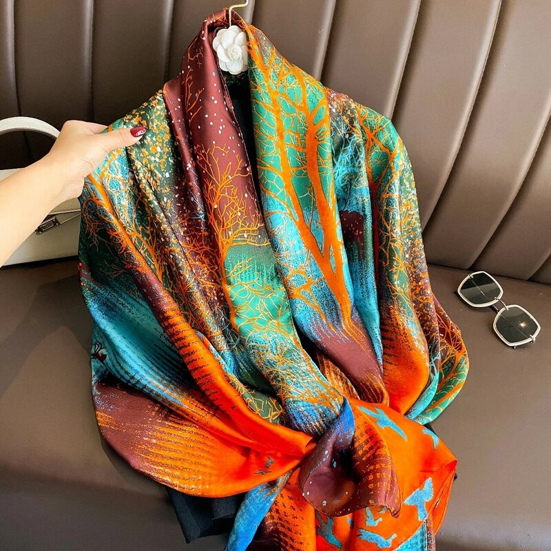 2023 Women Silk Winter Scarf Luxury Design Print Lady Beach Shawl Scarves Fashion Smooth Foulard Female Hijab