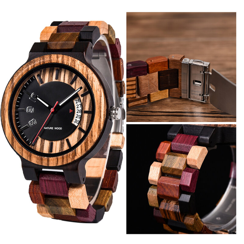 Herren Holz Mode Quarz Armbanduhren mit Display Kalender wasserdicht und kratz fest, beste Weihnachts geschenke, Armband