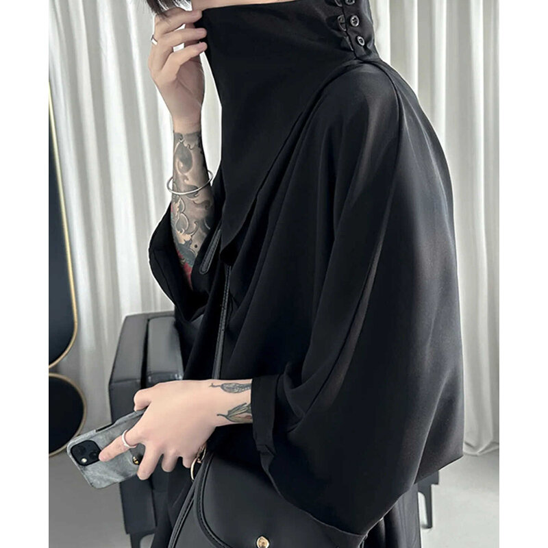 Estate Pile colletto tinta unita sciolto moda Casual camicia maschile manica 3/4 nero tutto-fiammifero Harajuku Y2K camicetta uomo Streetwear Top