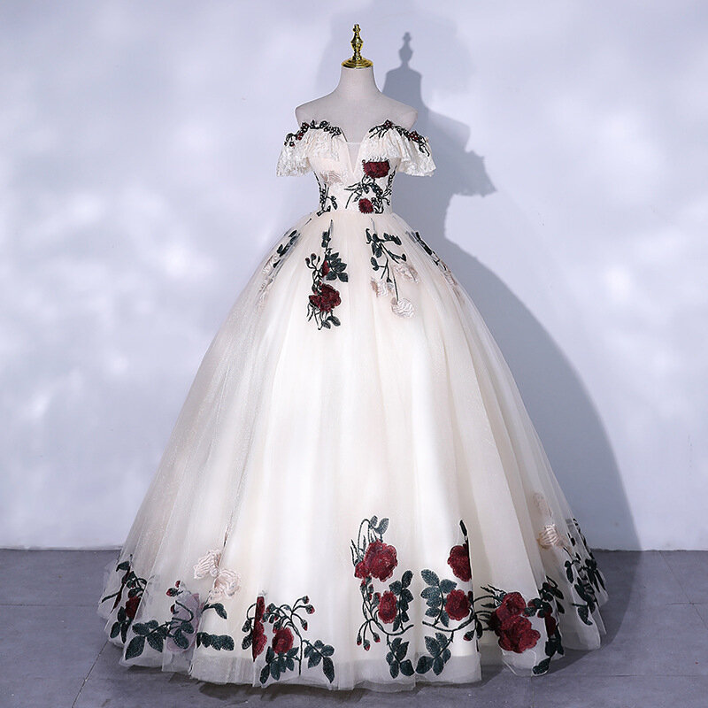 Gaun Prom Gaun Pesta Bunga Putih Tanpa Bahu Gaun Malam Kontes Renda Bordiran Bordir Jubah Pesta Pernikahan