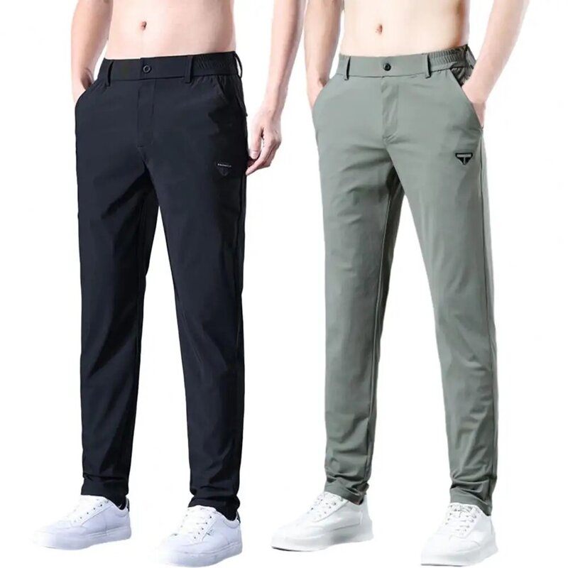 Calça reta de cintura elástica masculina com tecnologia de secagem rápida, tecido respirável macio, calça casual