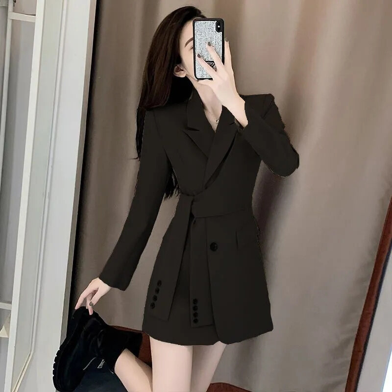 Goddess Style Double Breasted Lace Up Waist Cinching Suit Dresses Spring And Autumn Seasons Female Solid Color Long Sleeved Dres