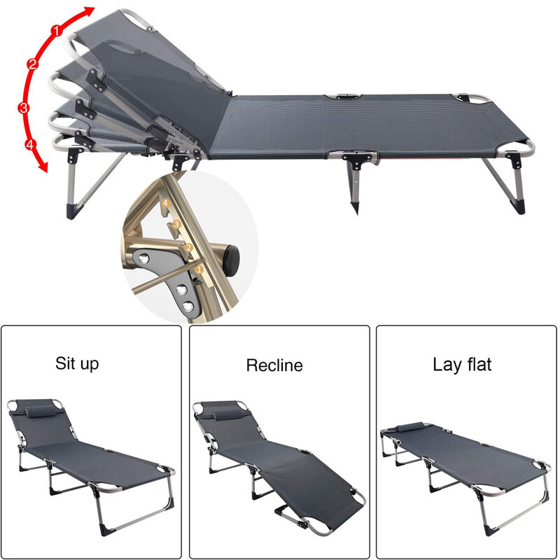 Portátil Dobrável Dormir Cadeira, Chaises ao ar livre, Salão, Equipamento de Camping, ajustável, 4 posições, Sol reclinável