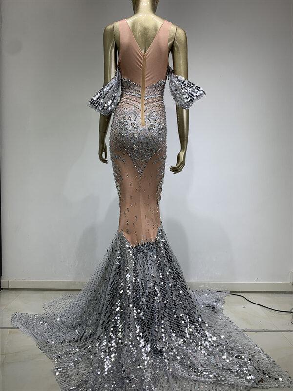 2023 New Arrivals Elegant Shiny Rhinestones Off Shoulder Sexy Maternity Shoot Dress Sequin Fishtail Robe De Soiree