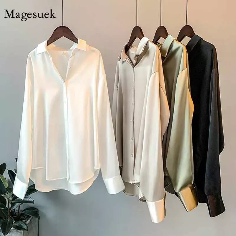Camisa de seda coreana para mujer, blusa elegante de satén con botones a la moda, camisas Vintage blancas de manga larga para oficina, Tops 11355