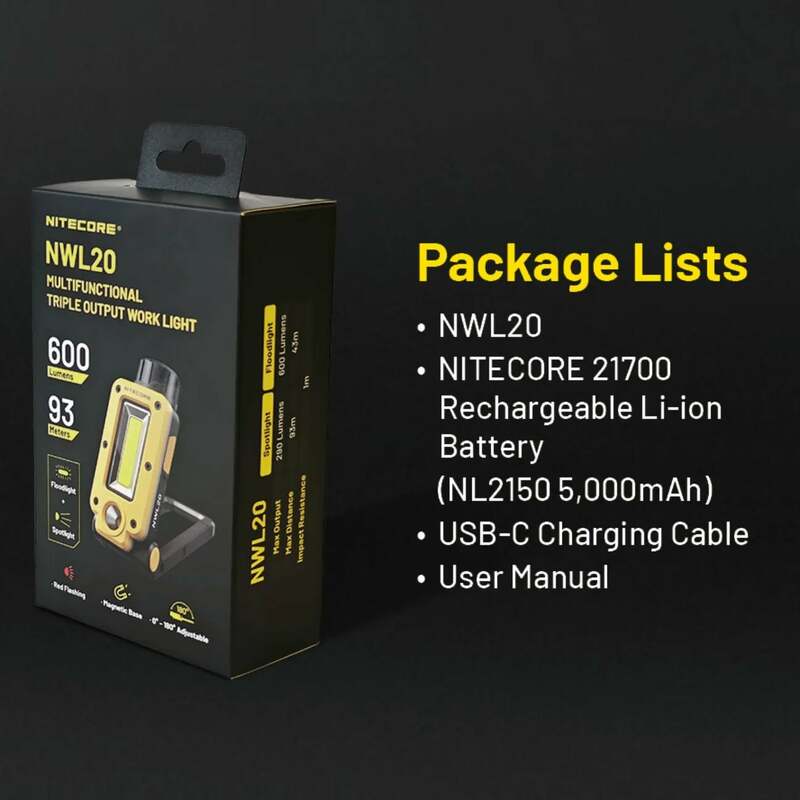 Nitecore-Holofote multifuncional de saída tripla, holofote recarregável, 600lumens, inclui 21700 5000mAh bateria, NW20