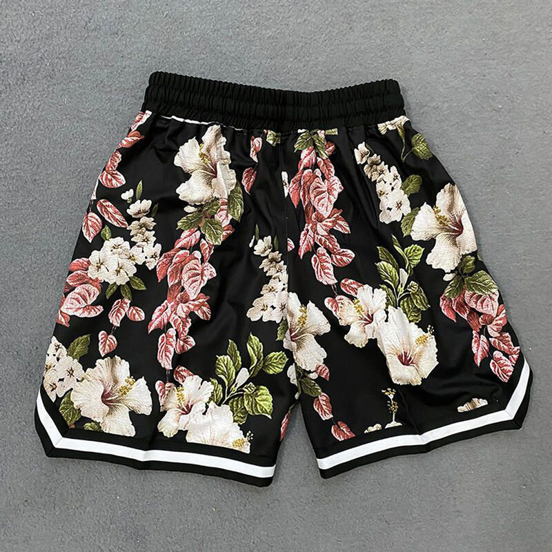 Men Streetwear Loose Casual Floral Printed Knee Length Male Clothing Bieber Hawaiian Beach Short Hip Hop Baggy Short Joggers